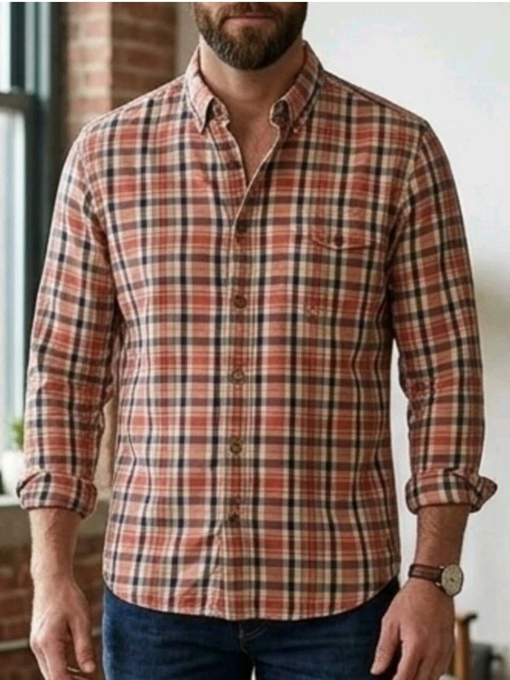 Lucky Brand Button Up Shirt Red Cream Checkered Plaid Mens XL Cotton